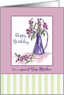 Happy Birthday Step-Mother Flower Bouquet Blue Vintage Pitcher card