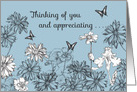 Thinking of You White Garden Flowers Butterfly Drawing card