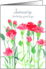 January Birthday Red Pink Carnation Flowers Watercolor card
