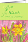 Happy March Birthday Yellow Daffodil Flower Watercolor card