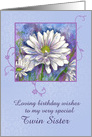 Happy Birthday Twin Sister White Daisy Flower Blue card