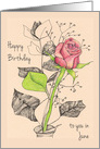 Happy June Birthday Pink Rose Ink Drawing card