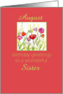 Happy August Birthday Sister Red Poppy Flower Watercolor card