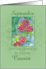 Happy September Birthday Cousin Pink Aster Flower Watercolor card