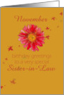 Happy November Birthday Sister-in-Law Red Chrysanthemum Flower Art card