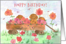 Happy Birthday Puppies in Wagon Watercolor Flowers card