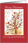 Merry Christmas Birth Son Winter Tree Drawing Red Ornaments card