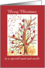 Merry Christmas Aunt and Uncle Winter Tree Drawing Red Ornaments card