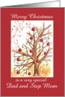 Merry Christmas Dad and Step Mom Holiday Winter Tree Drawing card