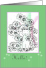 Hello Cat Flowers Pen and Ink Pet Drawing Green card