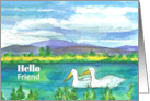 Hello Friend Pelican Birds Desert Mountain Lake card