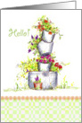Hello Colorful Garden Flower Buckets Art Drawing card