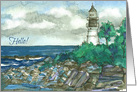 Hello Maine Lighthouse Ocean Watercolor Painting card