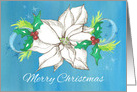 Merry Christmas White Poinsettia Flower Holly card