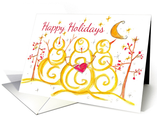 Happy Holidays Christmas Snowmen Primitive Tree Crescent Moon card