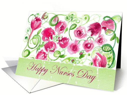 Happy Nurses Day Pink Rose Flower Ivy Vines Watercolor Painting card