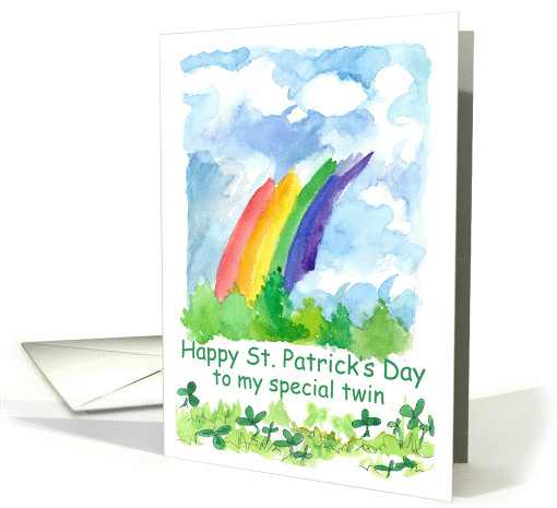 Happy St. Patrick's Day My Twin Rainbow Clover Watercolor Art card