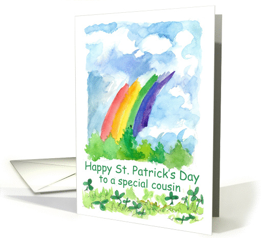 Happy St. Patrick's Day Cousin Rainbow Clover Watercolor card