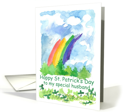 Happy St. Patrick's Day Husband Rainbow Clover Watercolor Art card