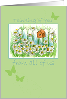 Thinking of You From All of Us Daisy Garden Birdhouse Butterflies card