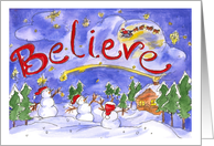 Merry Christmas Believe Santa’s Sleigh Snowmen Snowy Night card