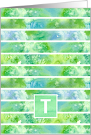 Monogram Letter T Green Watercolor Stripe card