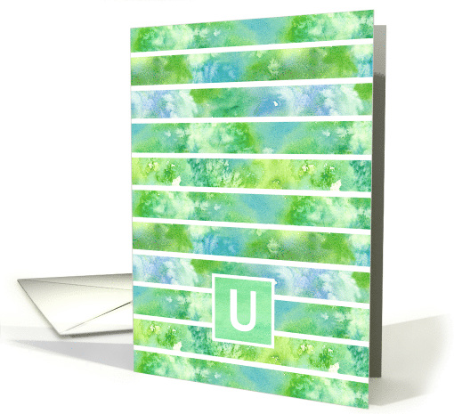 Monogram Letter U Green Watercolor Stripe card (1073850)