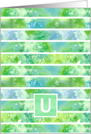 Monogram Letter U Green Watercolor Stripe card