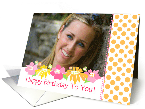 Happy Birthday Custom Photo Card Pink Flowers Orange Polka Dot card