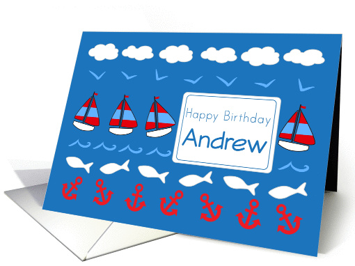 Happy Birthday Andrew Sailboats Fish Red White Blue card (1078324)