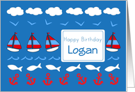 Happy Birthday Logan Sailboats Fish Red White Blue card