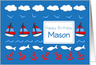 Happy Birthday Mason Sailboats Fish Red White Blue card