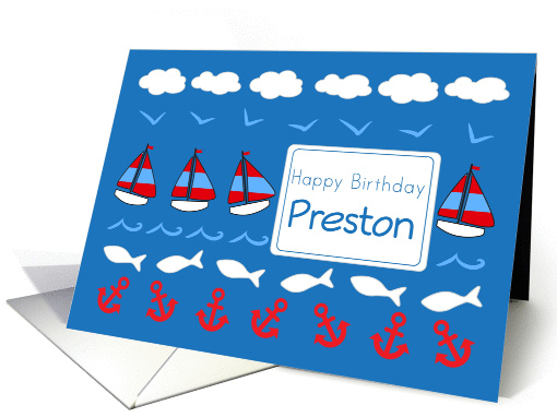 Happy Birthday Preston Sailboats Fish Red White Blue card (1078458)