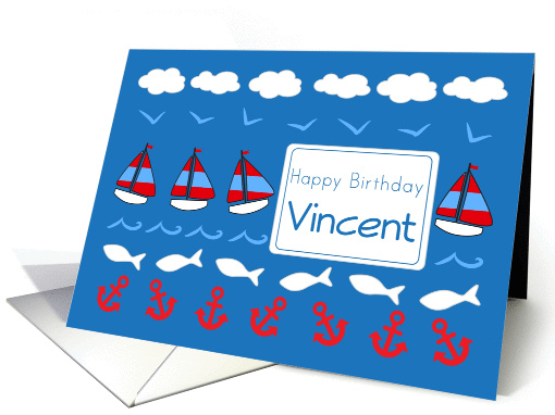 Happy Birthday Vincent Sailboats Fish Red White Blue card (1078508)