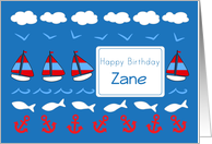 Happy Birthday Zane Sailboats Fish Red White Blue card