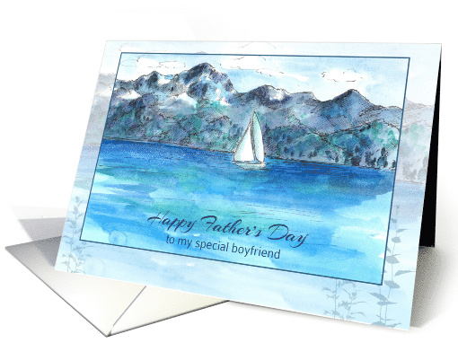 Happy Father's Day Boyfriend Sailing Mountain Lake Watercolor card