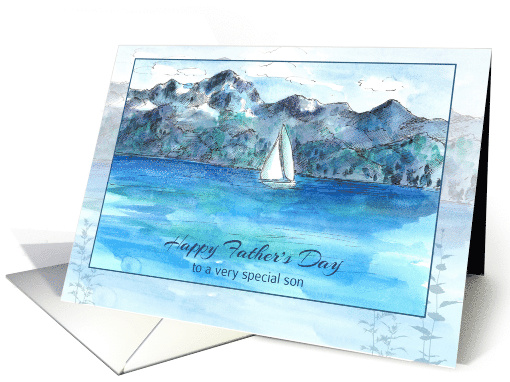 Happy Father's Day Son Sailing Mountain Lake Watercolor card (1095508)