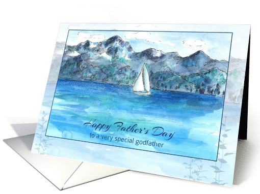 Happy Father's Day Godfather Sailing Mountain Lake Watercolor card