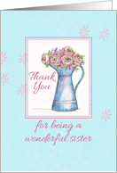 Thank You Sister Rose Bouquet Vintage Pitcher Illustration card