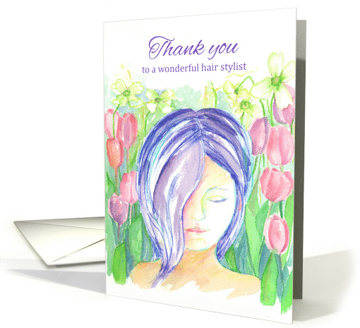 Thank You Wedding Hair Stylist Purple Hair Girl Tulips card (1102396)