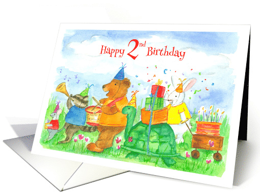 Happy 2nd Birthday Animal Parade Watercolor Illustration card (110283)