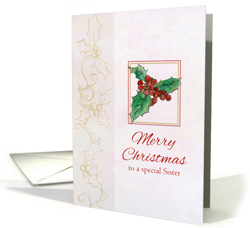 Merry Christmas Sister Holly Botanical Watercolor Illustration card