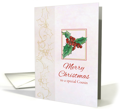 Merry Christmas Cousin Holly Botanical Watercolor card (1107370)