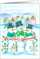 Seasons Greetings Snowmen Neighborhood Snow Scene card