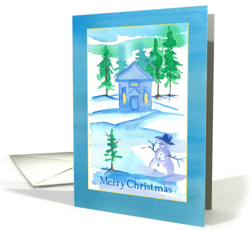 Merry Christmas Country Cottage Snowman Watercolor card (111760)