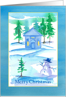 Merry Christmas Country Cottage Snowman Watercolor card