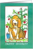 Happy Holidays Hound Dog Christmas Tree Watercolor Illustration card