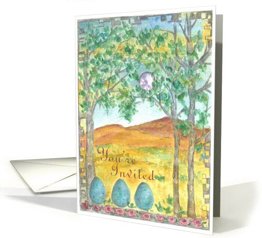 Outdoor Party Invitation Robin Eggs Rull Moon Trees Mountains card