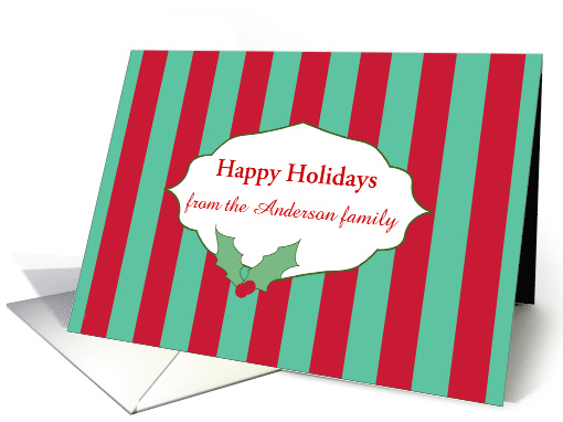 Merry Christmas Holly Green Red Stripe Custom Name card (1127404)