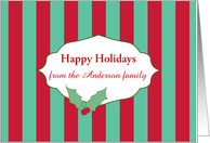 Merry Christmas Holly Green Red Stripe Custom Name card